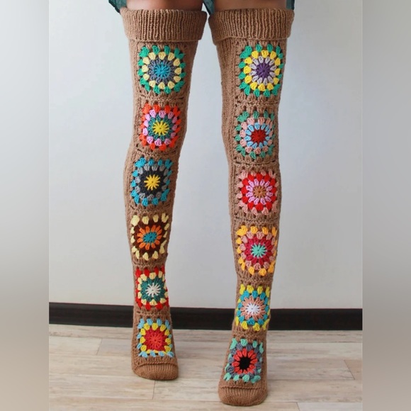 NEW! Granny Square Cozy Plush Thigh High Socks - Picture 4 of 5